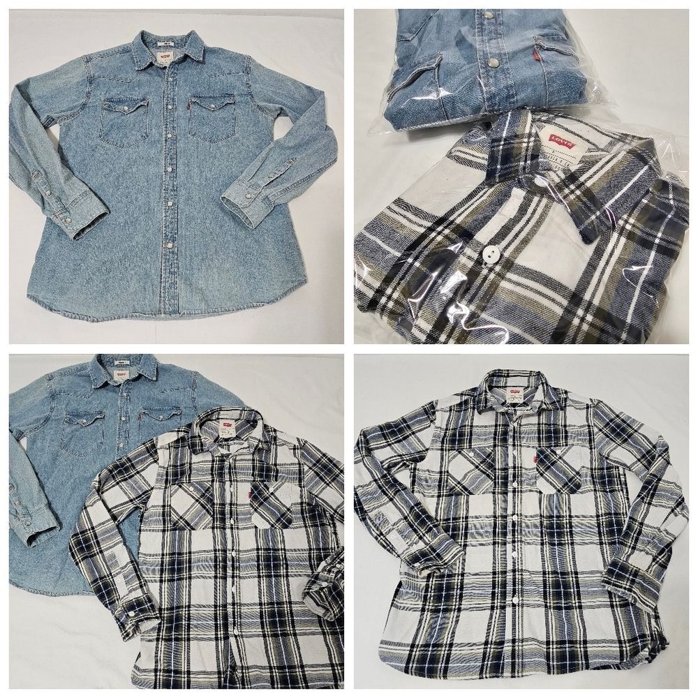 Levi's Casual Button Down Shirts Blue Denim and Plaid Green Black White Men's S